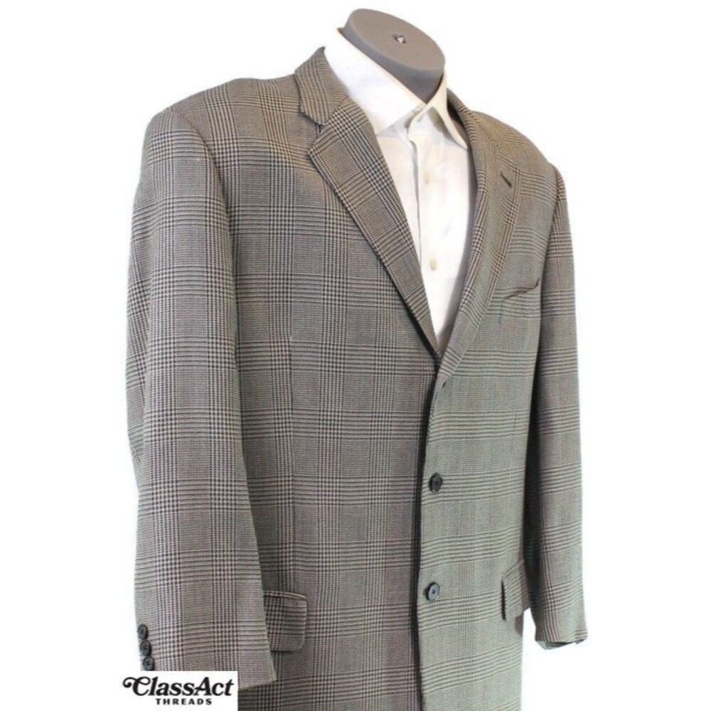 Joseph Abboud Mens Silk Wool Linen Jacket Sport Coat Blazer Black Glen Plaid 44L